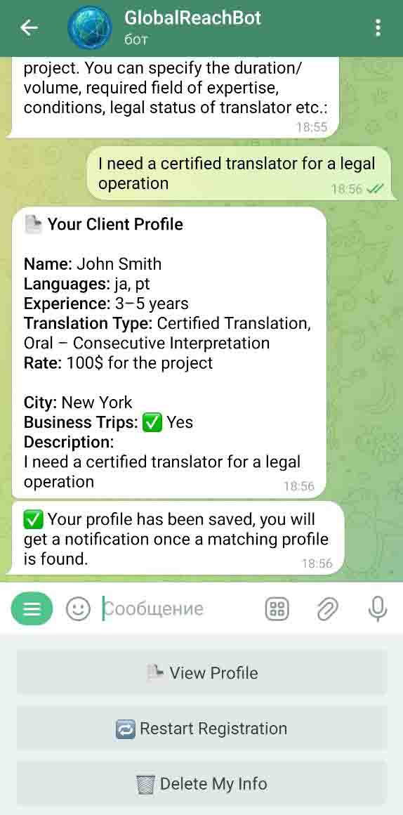Matching Bot Screenshot with finished registration and profile view