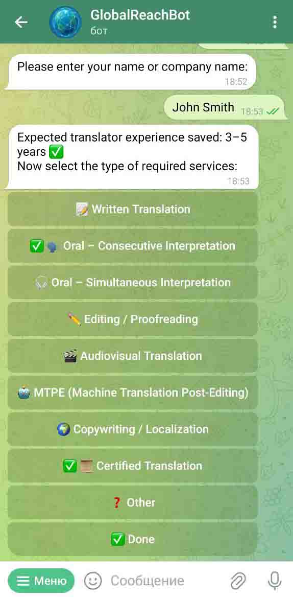Matching Bot Screenshot with service type selection